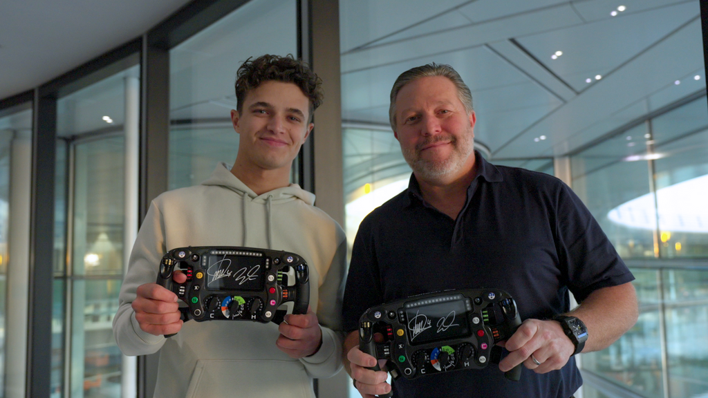 Amalgam Launch Lando Norris and Zac Brown Signed McLaren MCL36 Full Size Steering Wheels