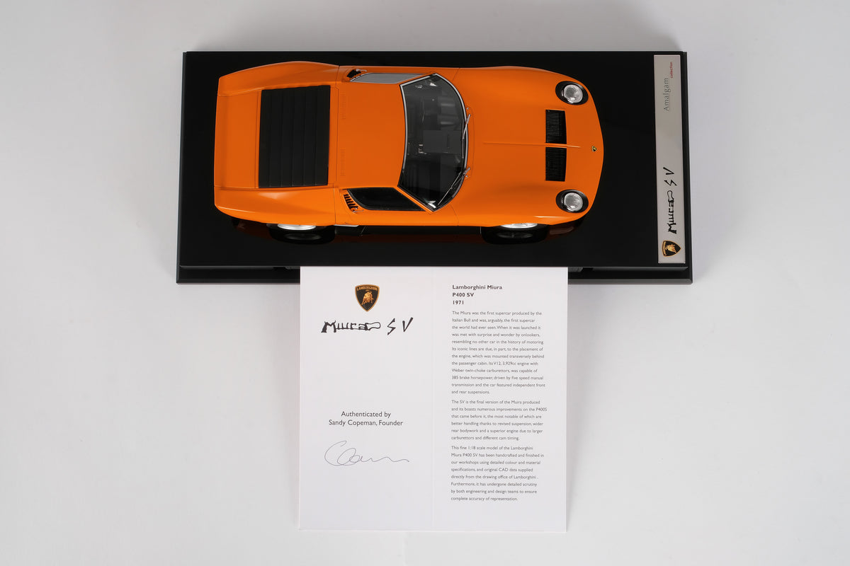 Lamborghini Miura P400 SV Edition in Arancia Miura (Orange) at 1:18 scale by Amalgam Collection