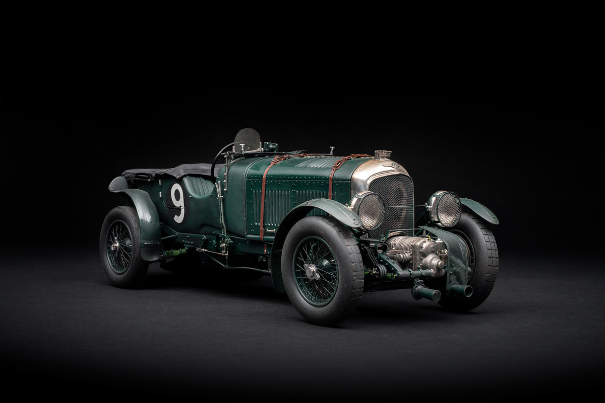 "1929 Bentley Blower" - 1930 Le Mans - Birkin & Chassagne - Race Weathered 1:8 scale model positioned on a dark background.