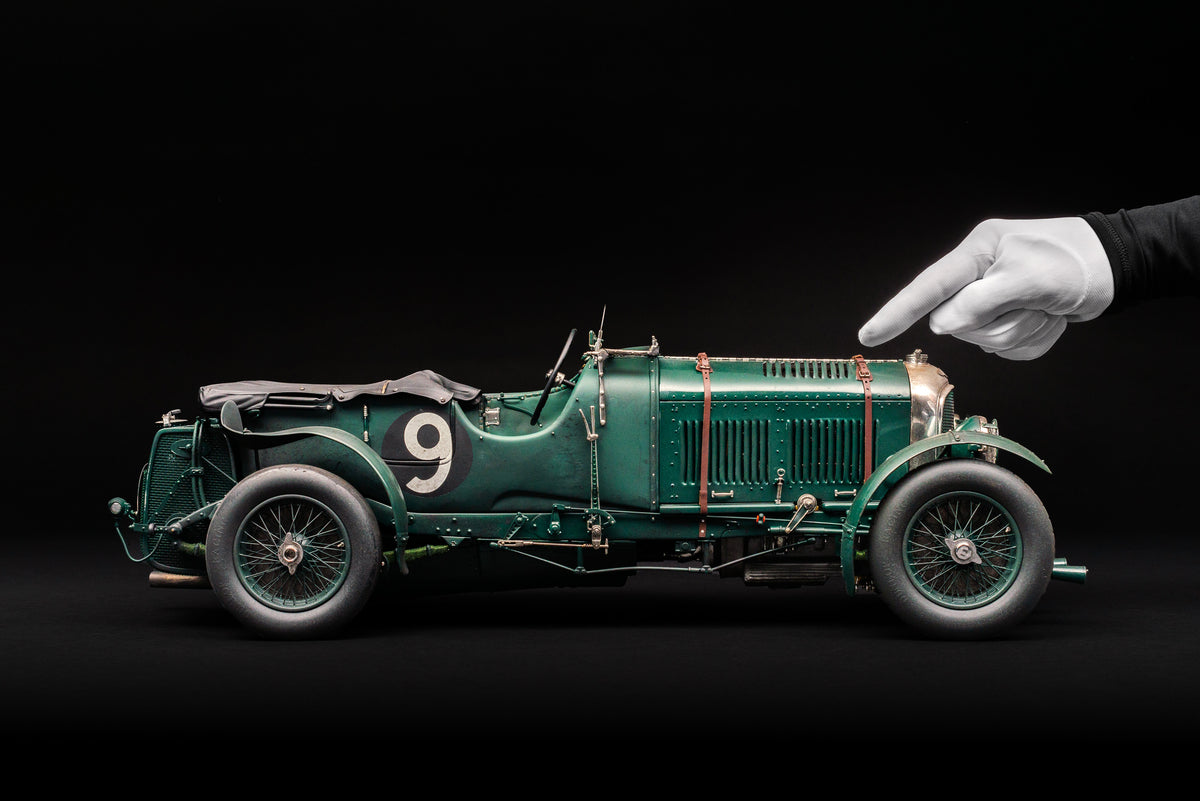 "1929 Bentley Blower" - 1930 Le Mans - Birkin & Chassagne - Race Weathered 1:8 scale model positioned on a dark background.