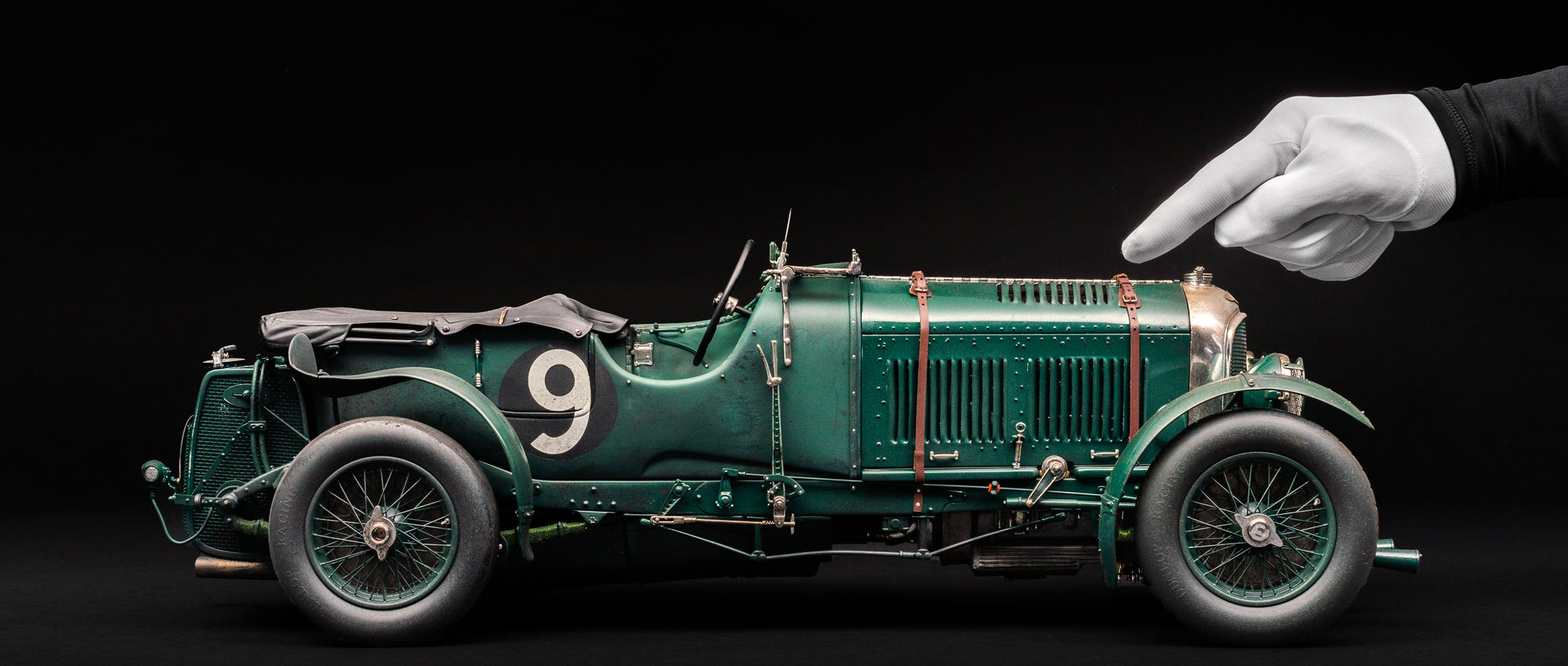 "1929 Bentley Blower" - 1930 Le Mans - Birkin & Chassagne - Race Weathered 1:8 scale model positioned on a dark background.