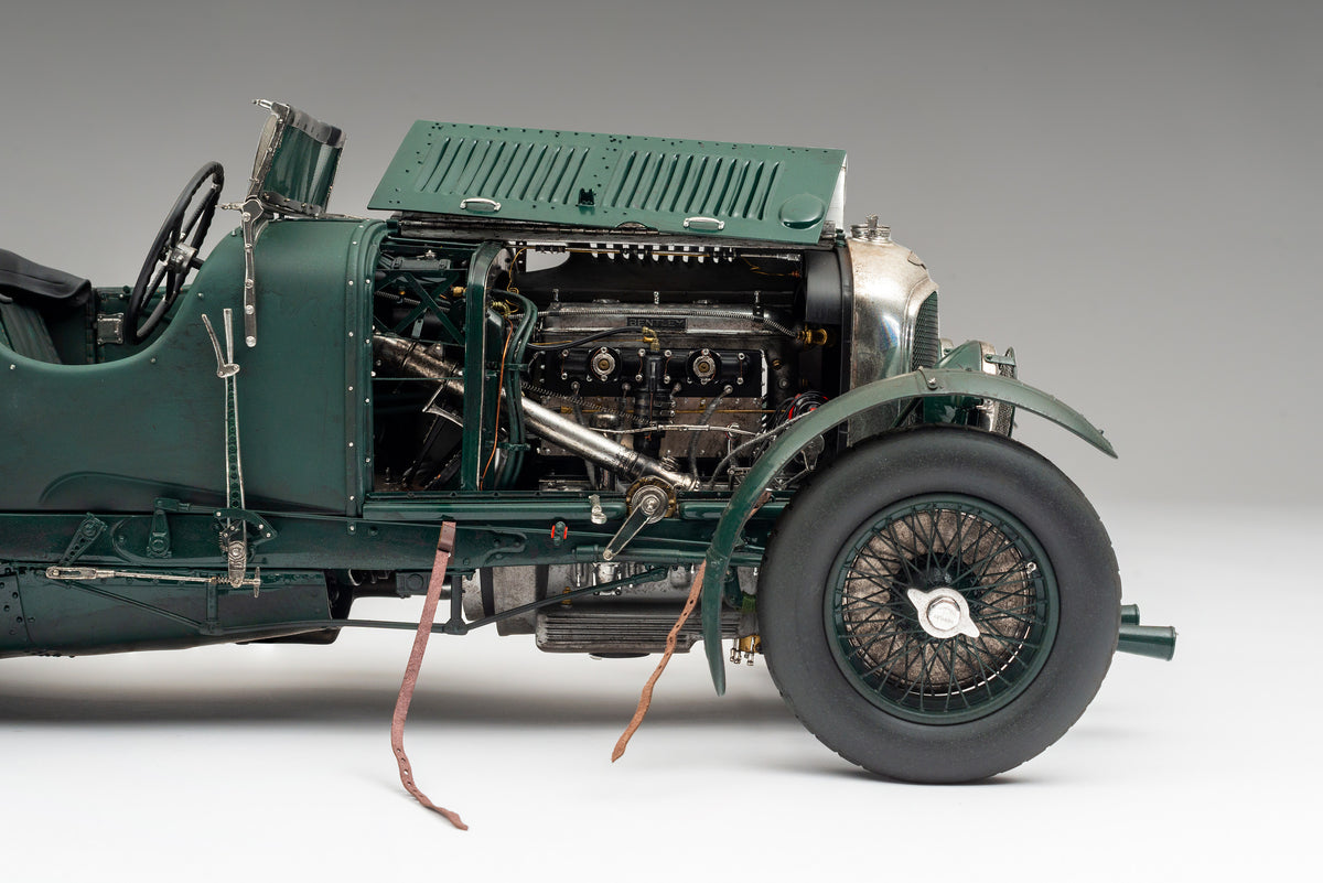 "1929 Bentley Blower" - 1930 Le Mans - Birkin & Chassagne - Race Weathered 1:8 scale model positioned on a light background.