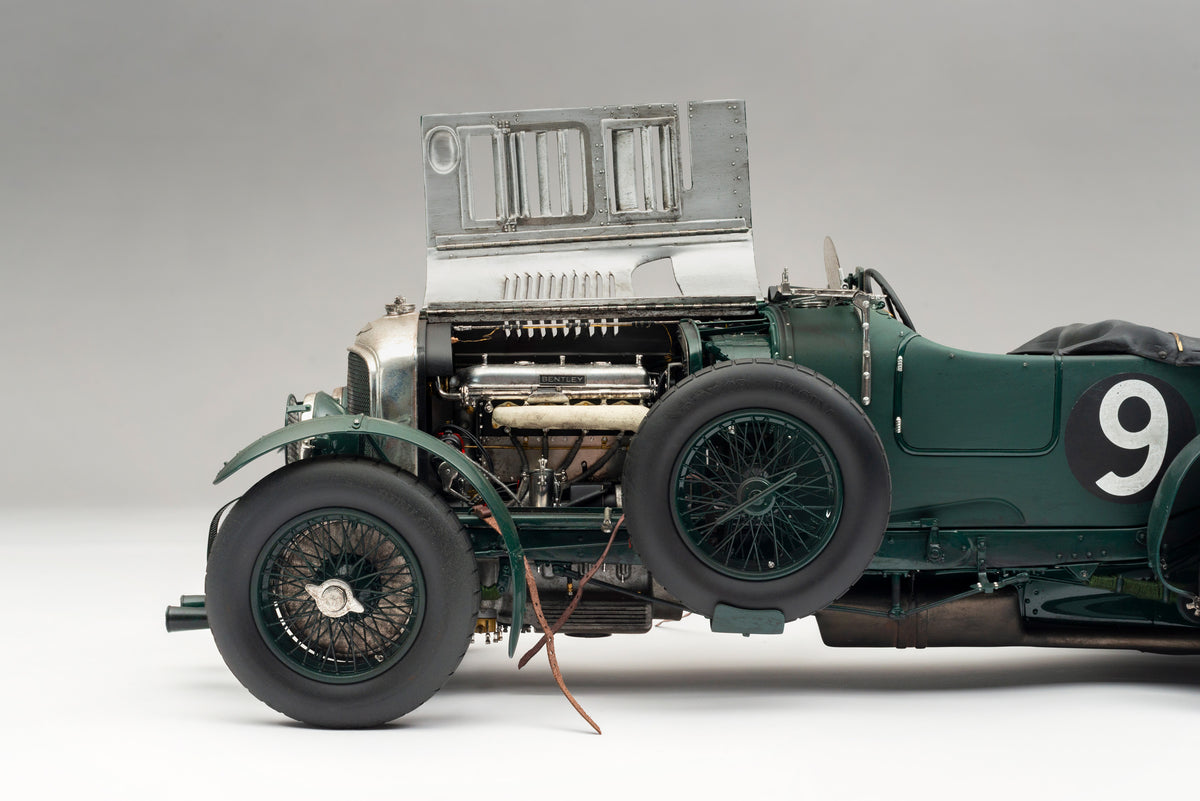 "1929 Bentley Blower" - 1930 Le Mans - Birkin & Chassagne - Race Weathered 1:8 scale model positioned on a light background.
