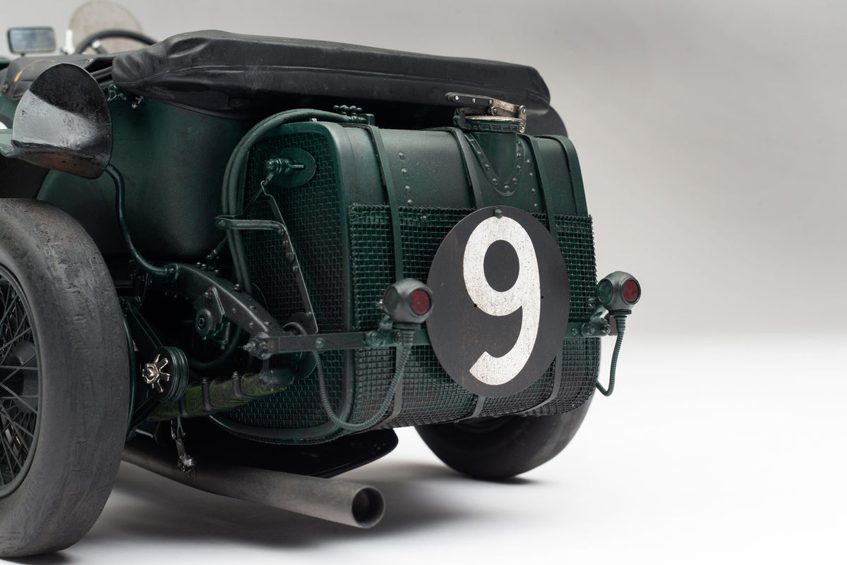 "1929 Bentley Blower" - 1930 Le Mans - Birkin & Chassagne - Race Weathered 1:8 scale model positioned on a light background.