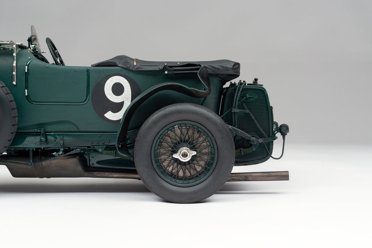 "1929 Bentley Blower" - 1930 Le Mans - Birkin & Chassagne - Race Weathered 1:8 scale model positioned on a light background.