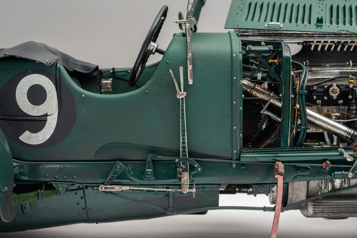 "1929 Bentley Blower" - 1930 Le Mans - Birkin & Chassagne - Race Weathered 1:8 scale model positioned on a light background.
