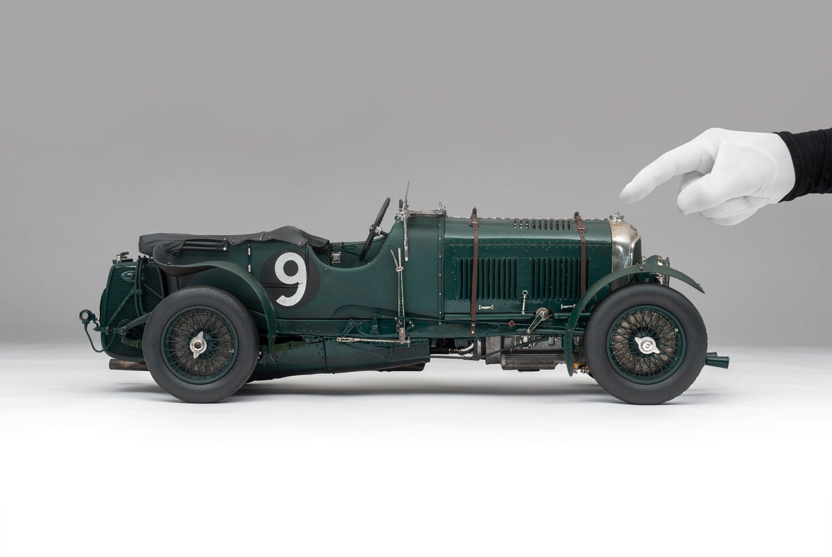"1929 Bentley Blower" - 1930 Le Mans - Birkin & Chassagne - Race Weathered 1:8 scale model positioned on a light background.