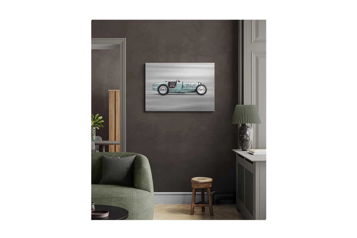 BUGATTI Type 59 - Estampe à demi-teintes sur support plat, 85 cm - Vue de profil