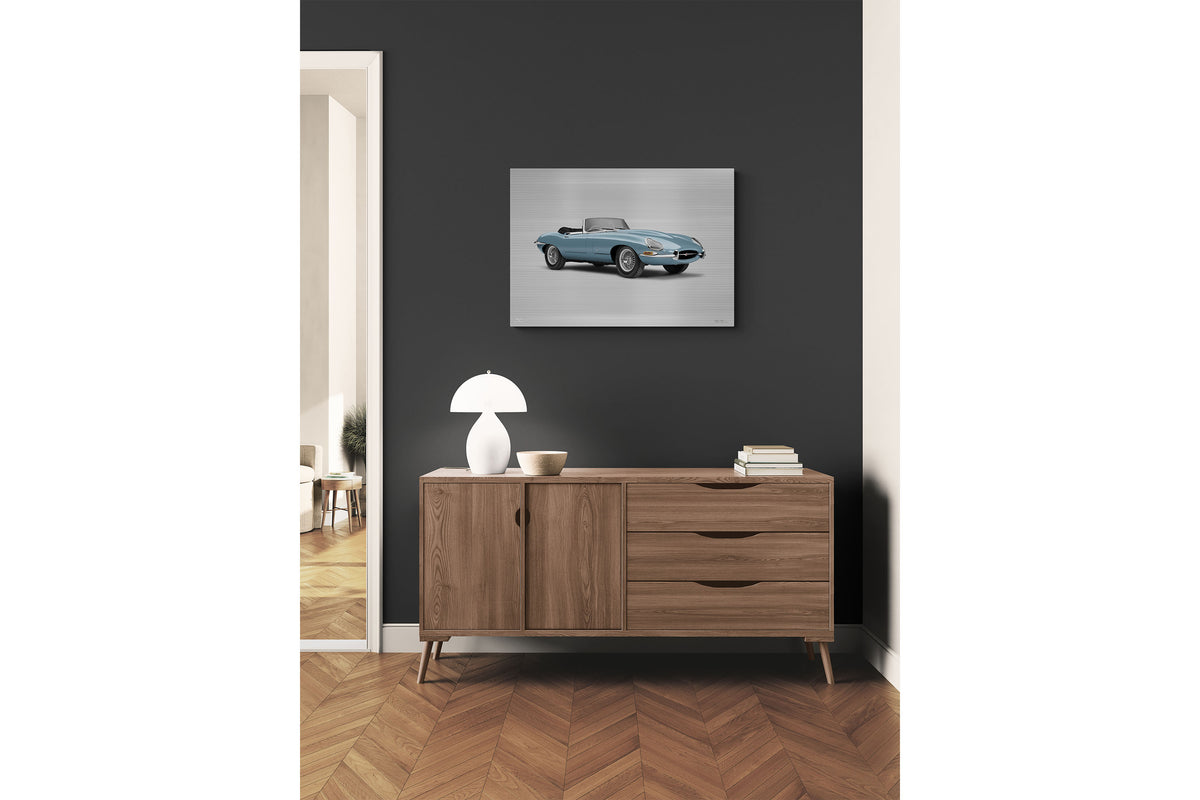 Jaguar E-type Série 1 Roadster - Impression sur support plat en demi-teintes, 85 cm - Vue aux trois quarts