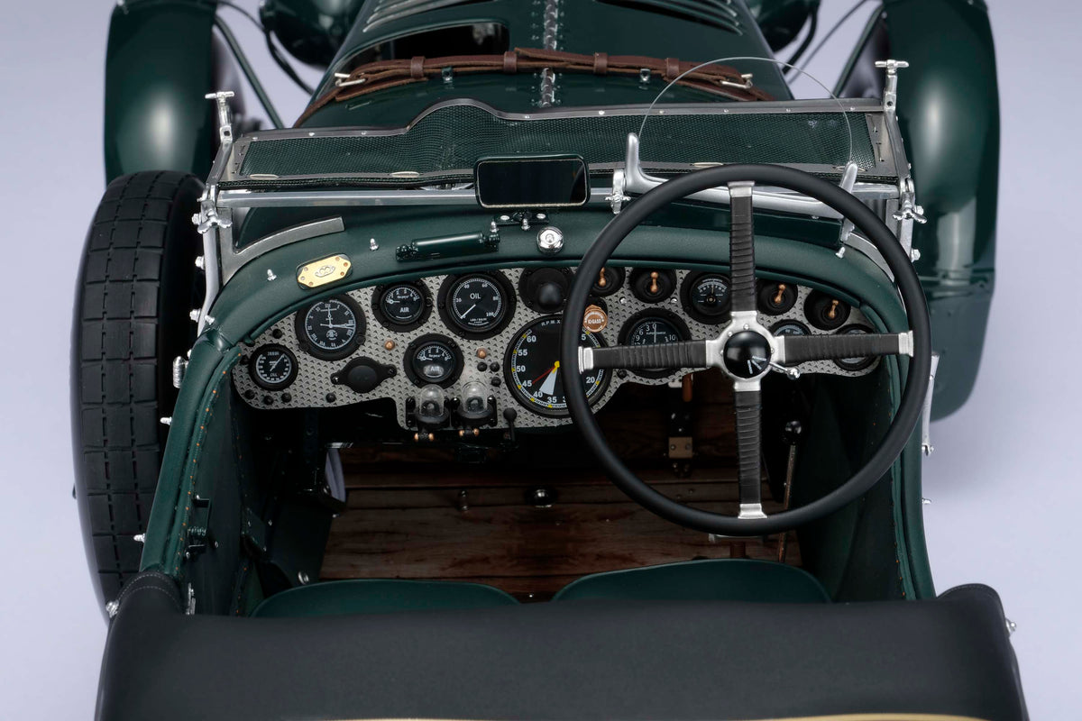 "1929 Bentley Blower" - 1930 Le Mans - Birkin & Chassagne detail shot of a 1:8 scale model's interior positioned on a light background.
