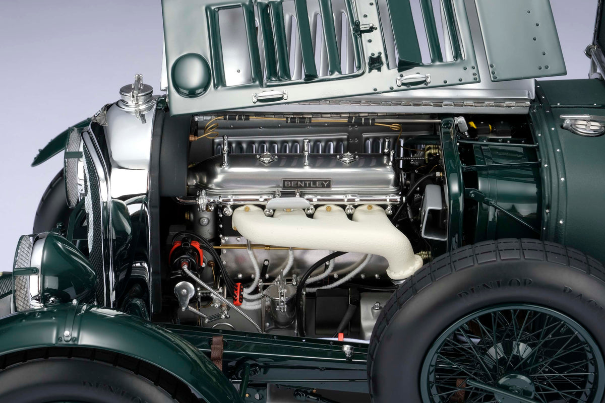 "1929 Bentley Blower" - 1930 Le Mans - Birkin & Chassagne detail shot of a 1:8 scale model's engine positioned on a light background.