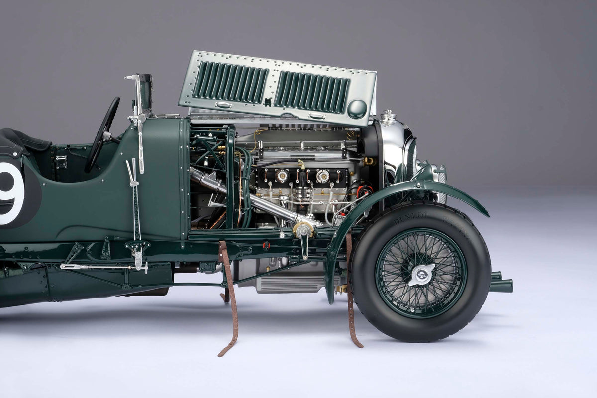 "1929 Bentley Blower" - 1930 Le Mans - Birkin & Chassagne detail shot of a 1:8 scale model's engine, positioned on a light background.
