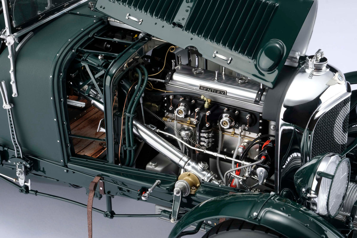 "1929 Bentley Blower" - 1930 Le Mans - Birkin & Chassagne detail shot of a 1:8 scale model's engine, positioned on a light background.