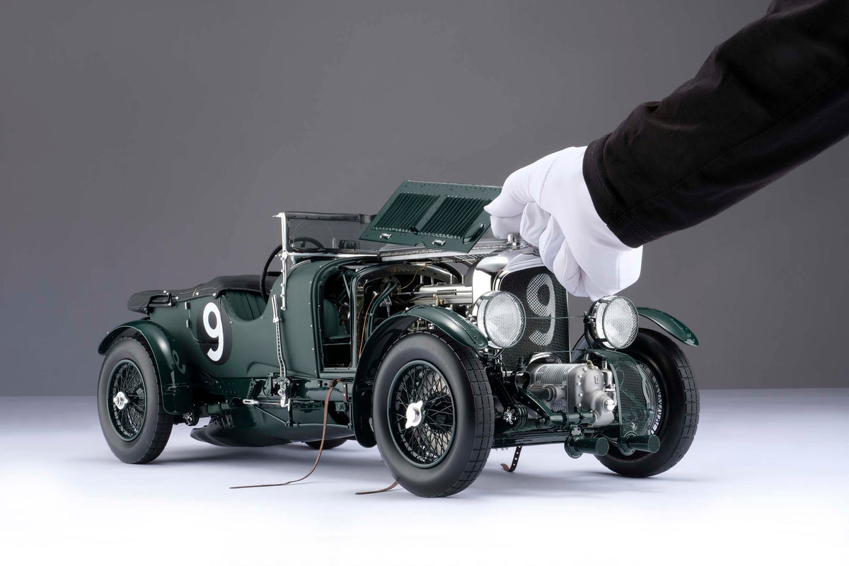 "1929 Bentley Blower" - 1930 Le Mans - Birkin & Chassagne opening engine cover shot of 1:8 scale model positioned on a light background.
