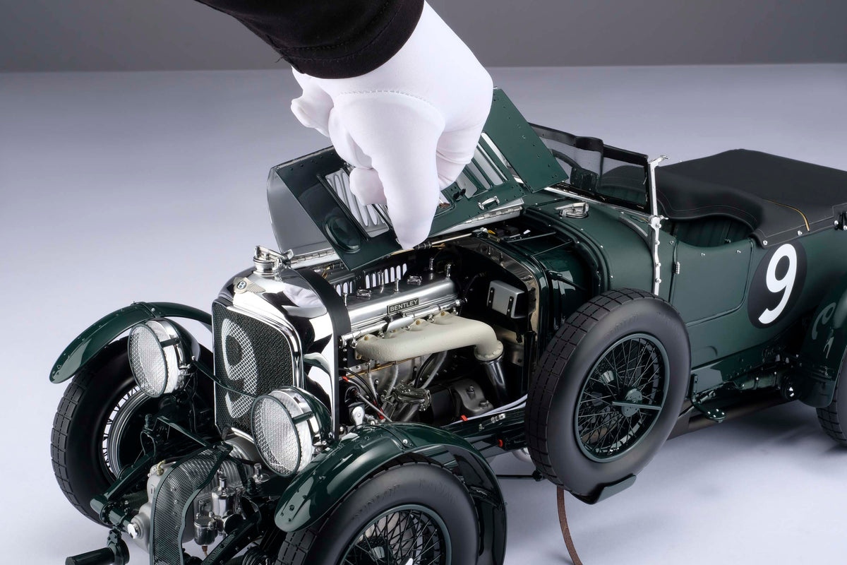 "1929 Bentley Blower" - 1930 Le Mans - Birkin & Chassagne opening engine cover shot of 1:8 scale model positioned on a light background.