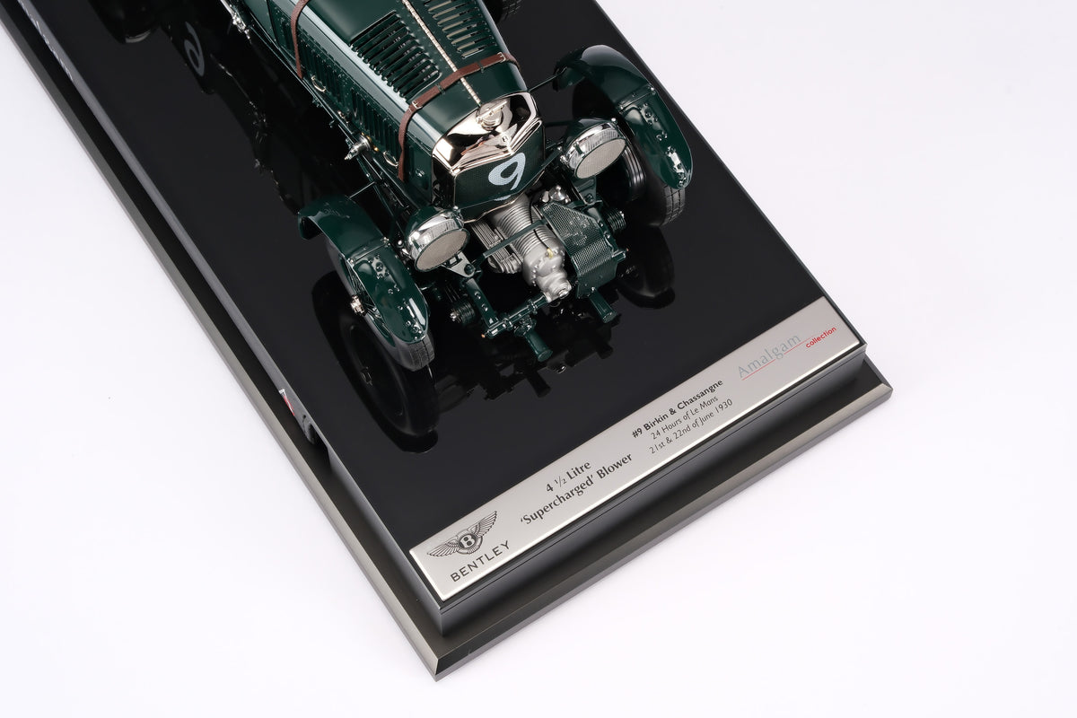 "1929 Bentley Blower" - 1930 Le Mans - Birkin & Chassagne - a dark green vintage 1:18 scale model on a base that is positioned on a light background.