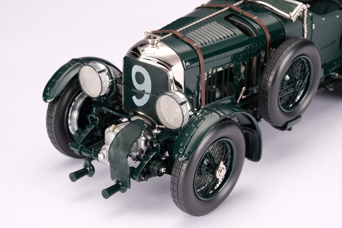 "1929 Bentley Blower" - 1930 Le Mans - Birkin & Chassagne - a dark green vintage 1:18 scale model positioned on a light background.