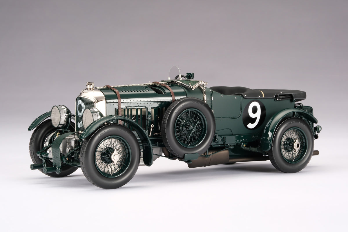 "1929 Bentley Blower" - 1930 Le Mans - Birkin & Chassagne - a dark green vintage 1:18 scale model positioned on a light background.