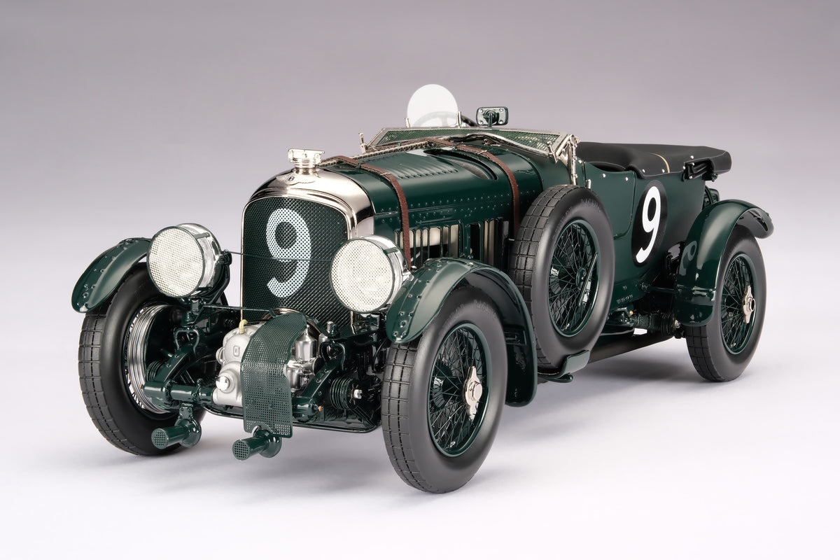 "1929 Bentley Blower" - 1930 Le Mans - Birkin & Chassagne - a dark green vintage 1:18 scale model positioned on a light background.