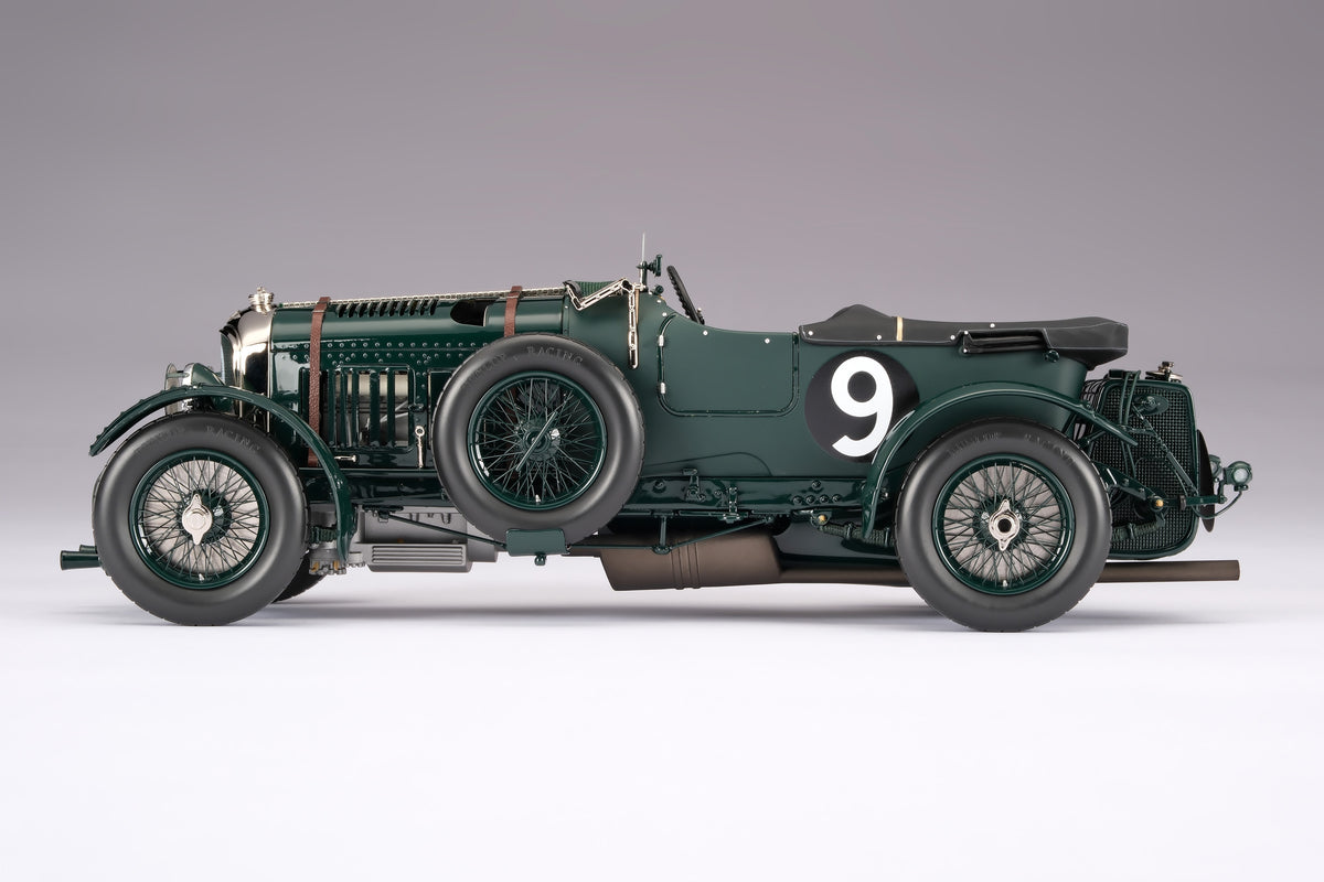"1929 Bentley Blower" - 1930 Le Mans - Birkin & Chassagne - a dark green vintage 1:18 scale model positioned on a light background.