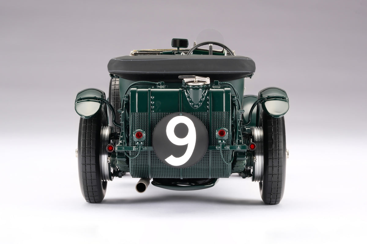 "1929 Bentley Blower" - 1930 Le Mans - Birkin & Chassagne - a dark green vintage 1:18 scale model positioned on a light background.