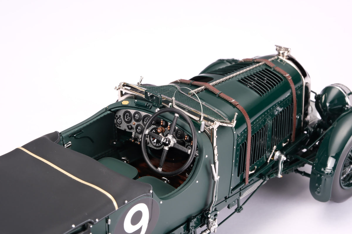 "1929 Bentley Blower" - 1930 Le Mans - Birkin & Chassagne - a dark green vintage 1:18 scale model positioned on a light background.