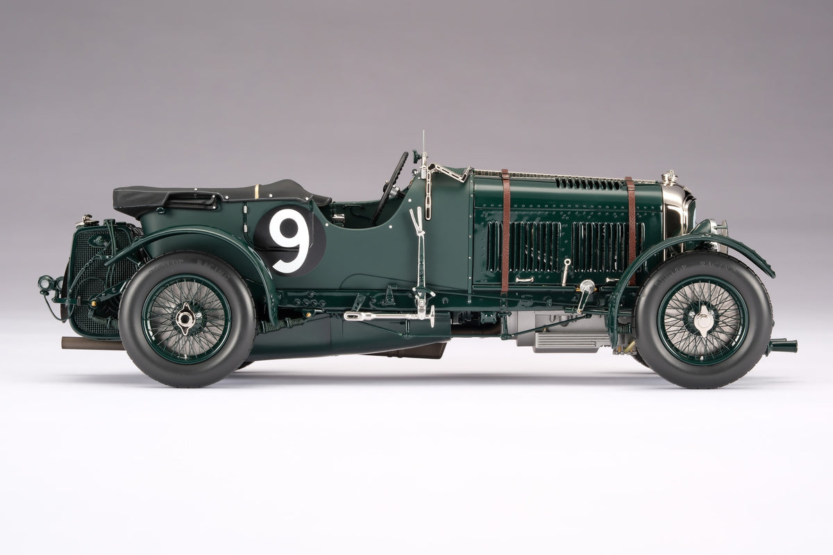 "1929 Bentley Blower" - 1930 Le Mans - Birkin & Chassagne - a dark green vintage 1:18 scale model positioned on a light background.