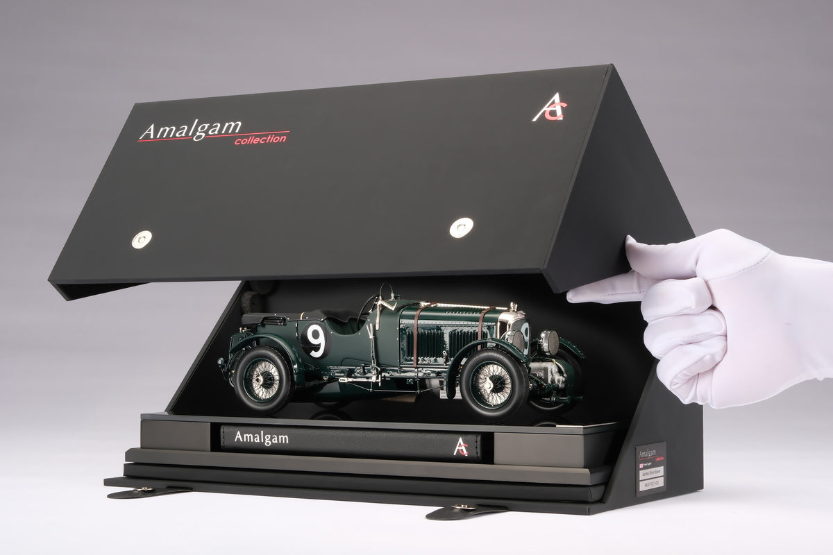 "1929 Bentley Blower" - 1930 Le Mans - Birkin & Chassagne - a dark green vintage 1:18 scale model positioned in a display box on a light background.