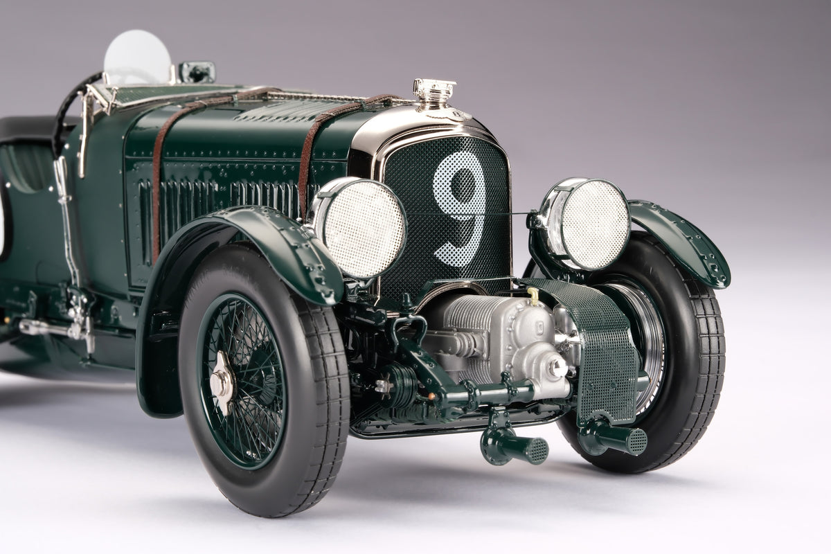 "1929 Bentley Blower" - 1930 Le Mans - Birkin & Chassagne - a dark green vintage 1:18 scale model positioned on a light background.
