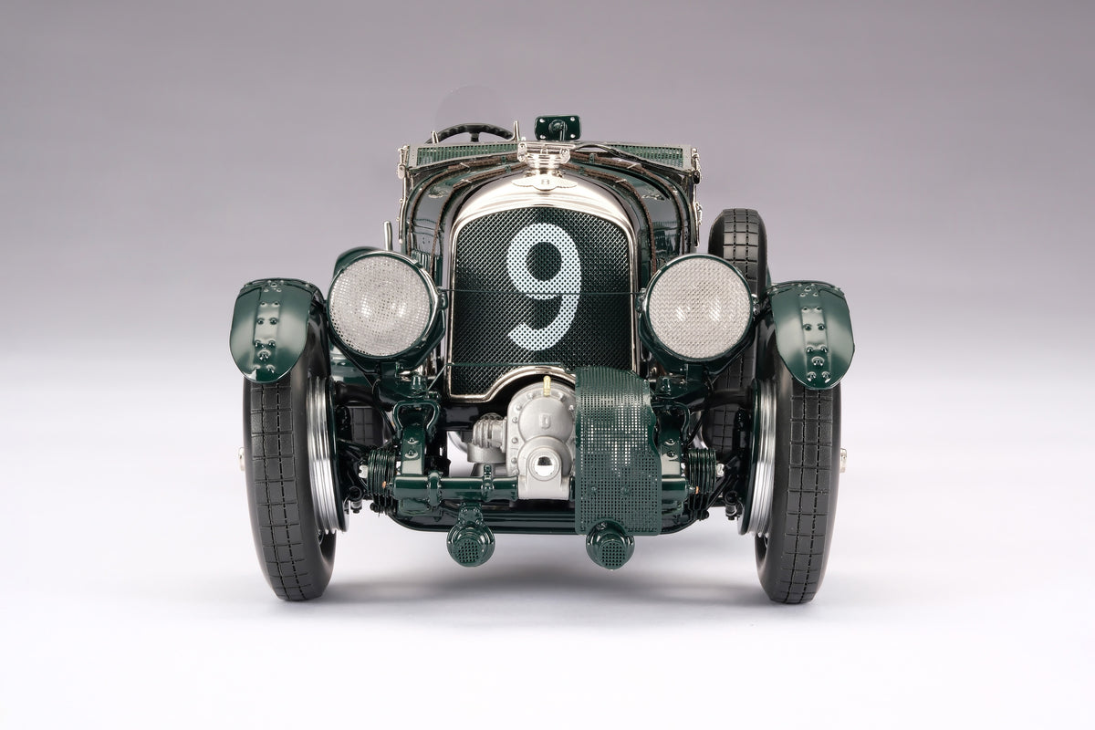 "1929 Bentley Blower" - 1930 Le Mans - Birkin & Chassagne - a dark green vintage 1:18 scale model positioned on a light background.