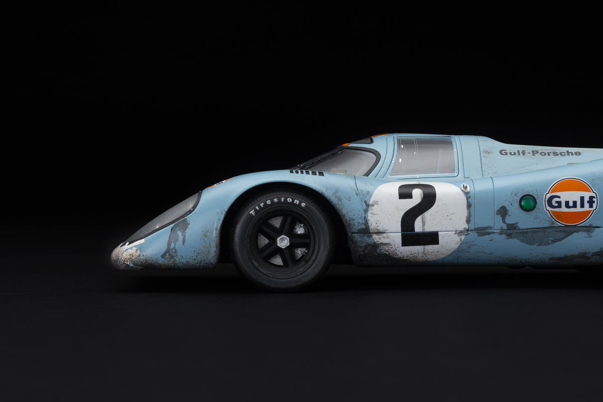 Porsche 917K - Ganador de Daytona 1970 - Librea de Gulf - con suciedad y daños en las carreras 