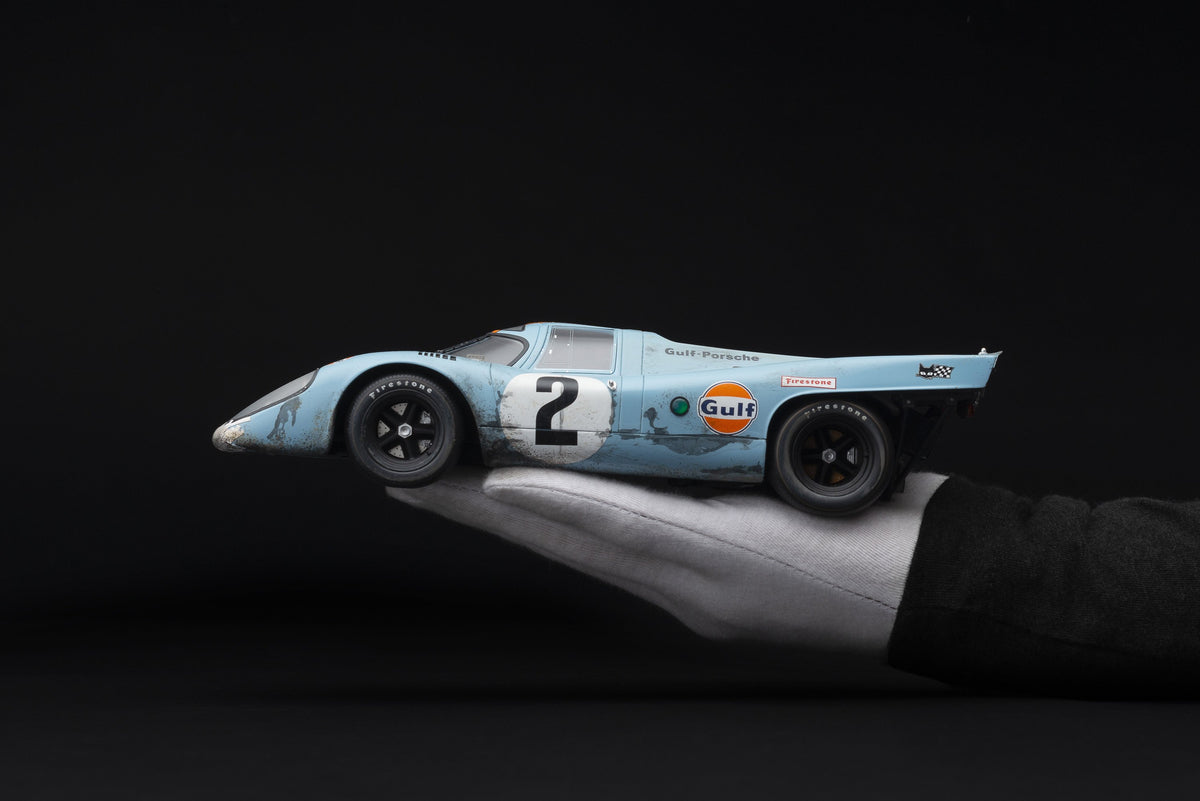 Porsche 917K - Ganador de Daytona 1970 - Librea de Gulf - con suciedad y daños en las carreras 